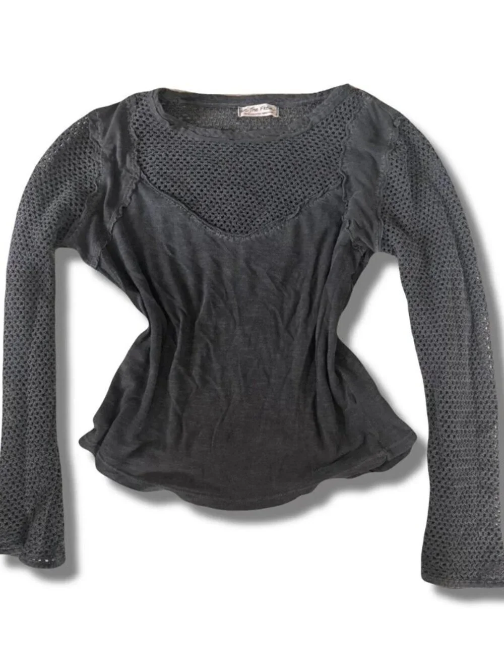Free People Charcoal Gray Black Mesh Long Sleeve Top Size XS